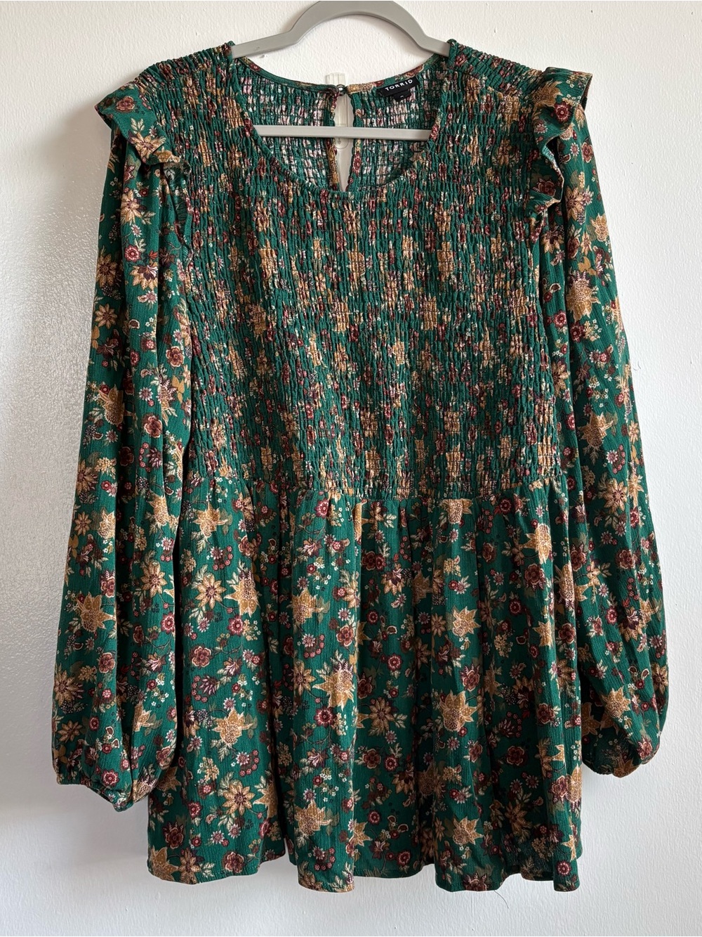 Torrid Green Floral Smocked Ruffle Peasant Top Balloon Sleeve Women’s 3XL